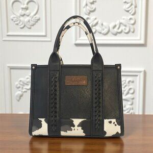 Wrangler Whipstitched Structured Tote Faux Cow Print & Black  Leather Purse